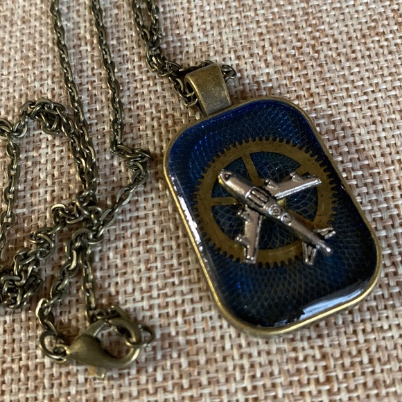 Airplane Gears Steampunk Necklace One of a kind New Handmade - Picture 3 of 7